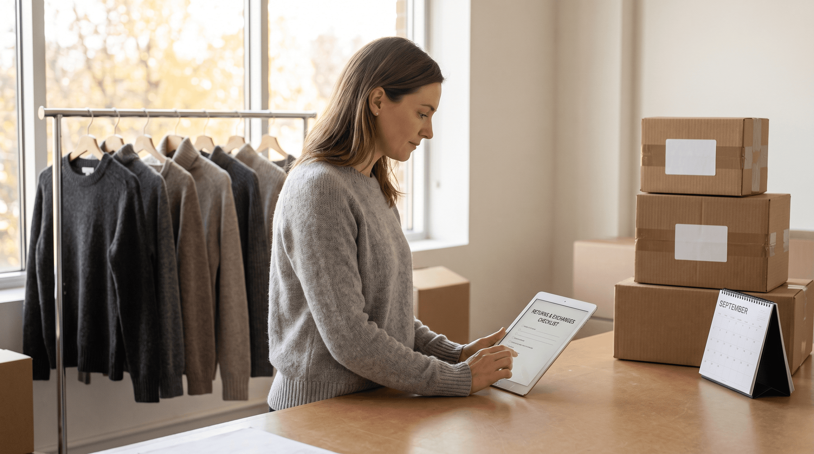 Shopify apparel shop owner reviewing a returns and exchanges checklist on a tablet in a warehouse office, with a September calendar and folded sweaters in the background